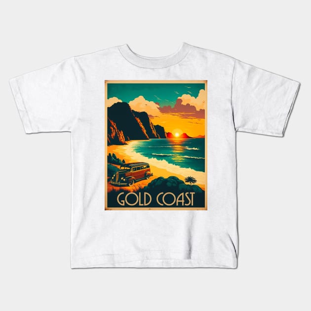 Gold Coast Australia Coastline Vintage Travel Art Poster Kids T-Shirt by OldTravelArt